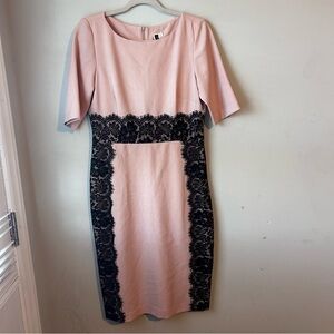 Blush Pink Sheath Dress with Black Floral Lace Trim Sz 8